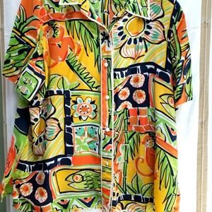 Bob Macke Wearable Art 100% Silk button down shirt 1X plus colorful tropical